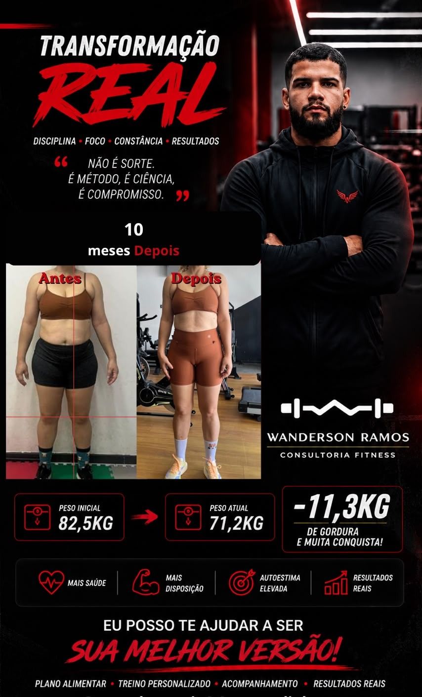 Comparativo antes e depois de uma aluna após dez meses de consultoria, com redução de 82,5 kg para 71,2 kg — menos 11,3 kg de gordura.